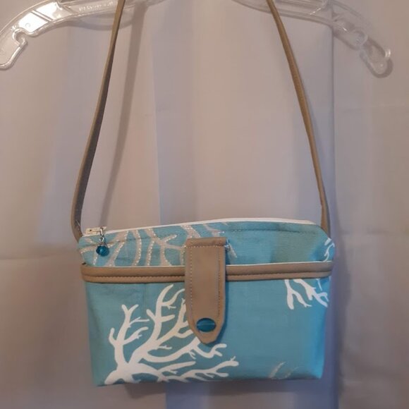 New Artsy Tree Branches Canvas & Vinyl Purse Shoulder bag Aqua Tan White coastal - Picture 1 of 11